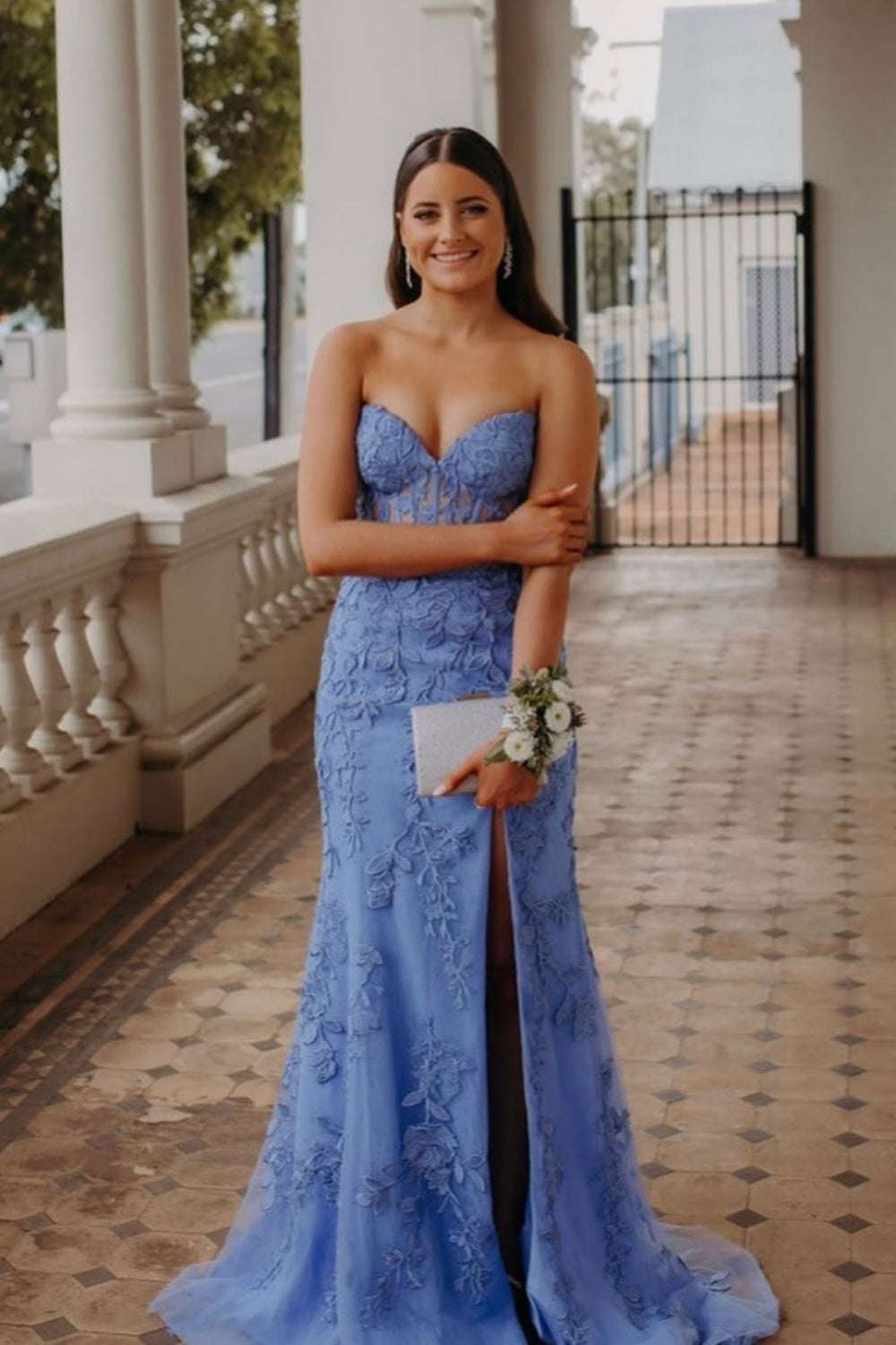 Strapless Yellow Lace Appliques Long Prom Dress