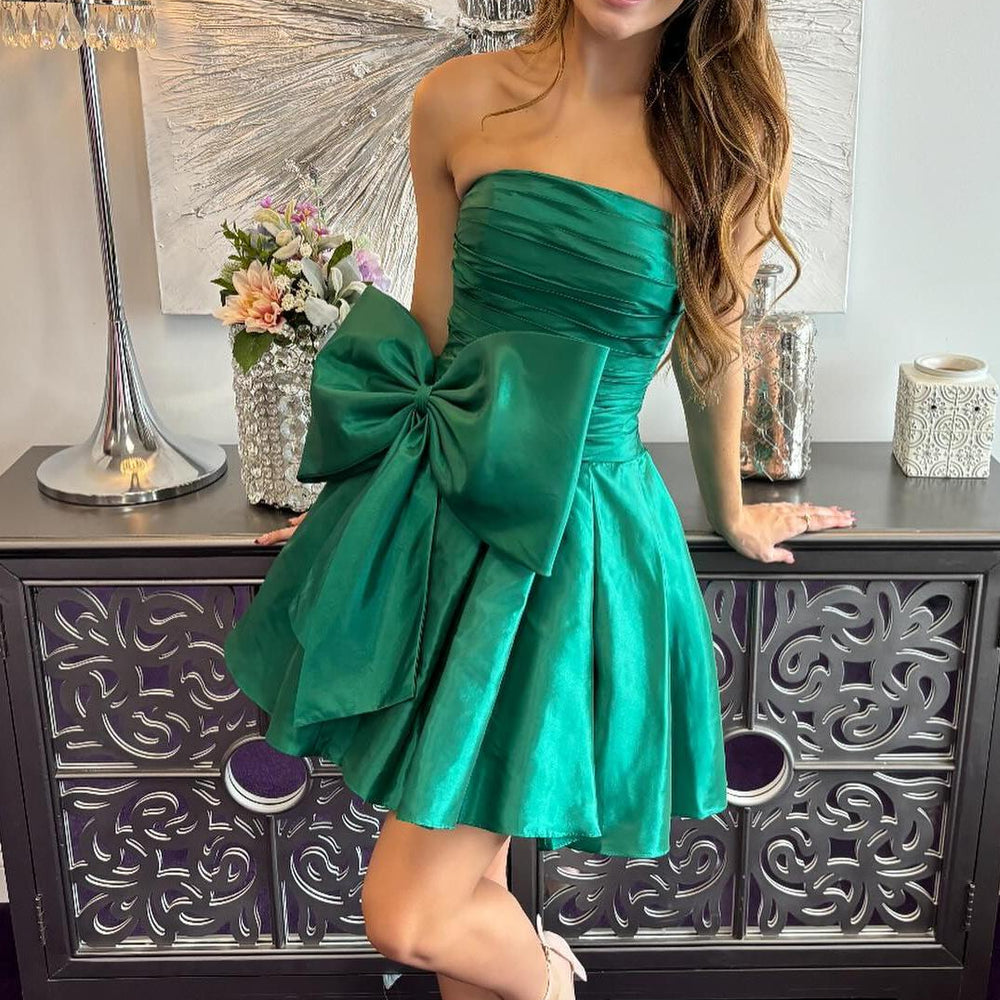 
                      
                        Strapless Black Ruched Short Dress with Bow
                      
                    