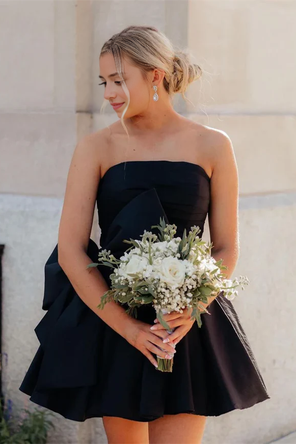 Strapless Black Ruched Short Dress with Bow