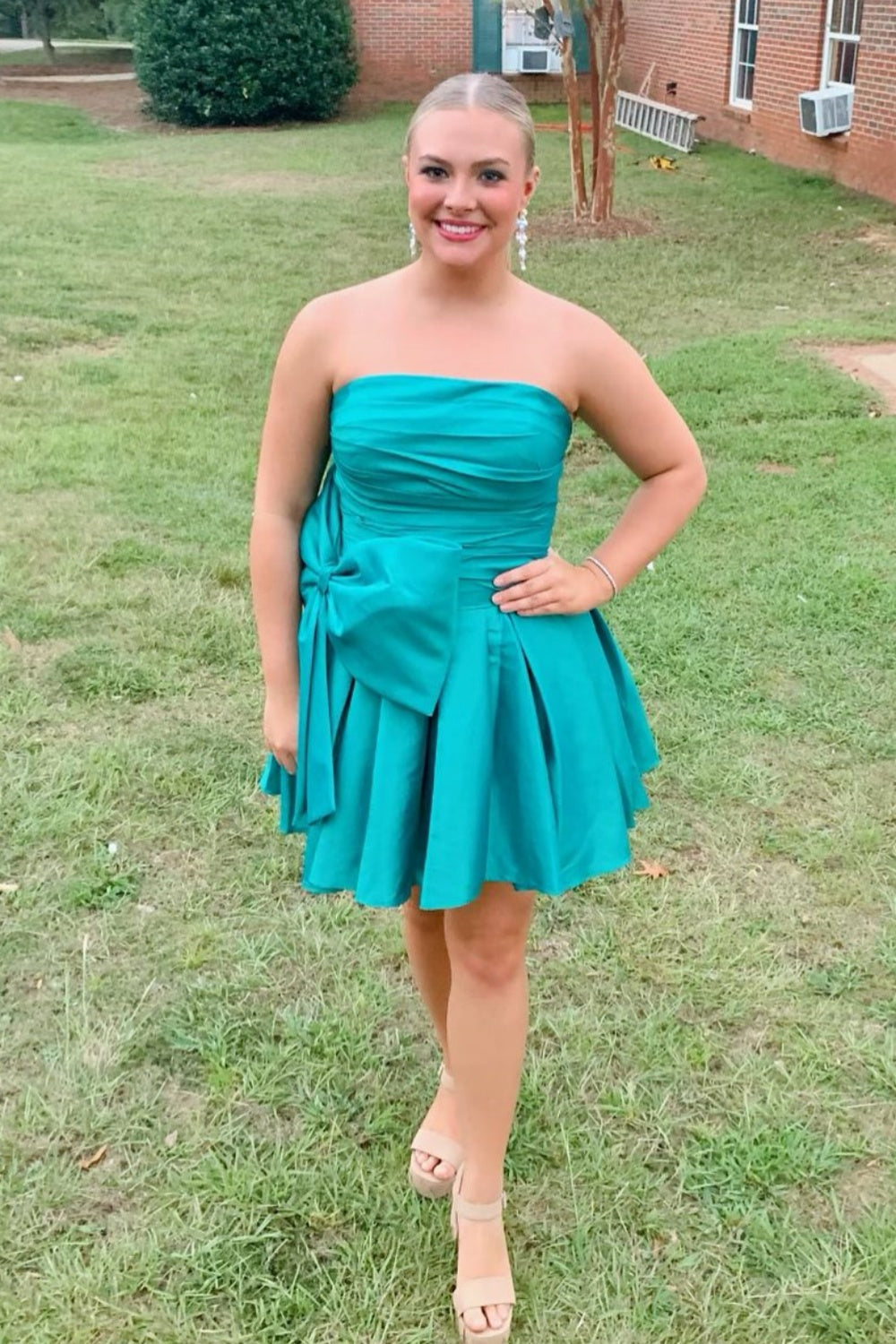 Strapless Black Ruched Short Dress with Bow