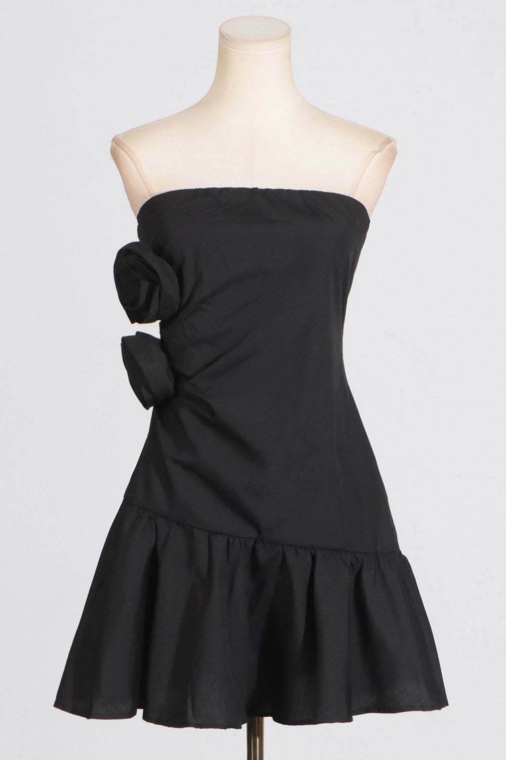 Strapless Black Ruffled Hem Short Dress with Rosette
