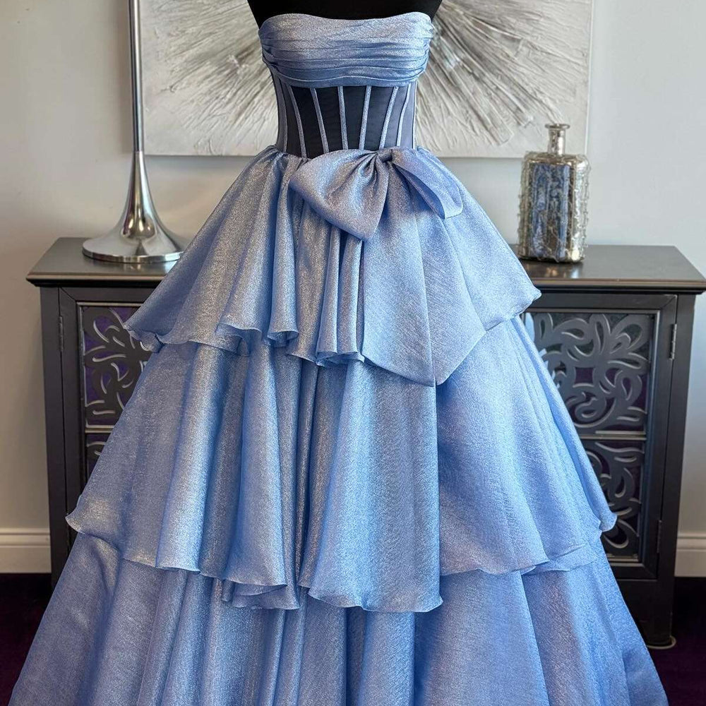 
                      
                        Strapless Black Tiered A-line Long Dress with Bow
                      
                    