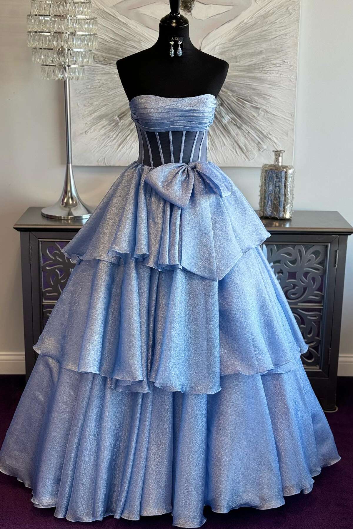 Strapless Black Tiered A-line Long Dress with Bow