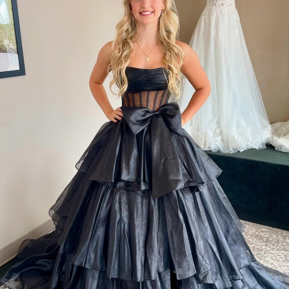 Strapless Black Tiered A-line Long Dress with Bow PollyBoutique Strapless Black Tiered A-line Long Dress with Bow PollyBoutique