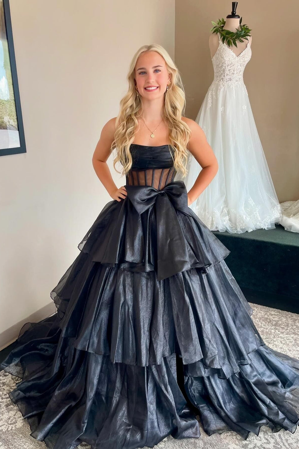 Strapless Black Tiered A-line Long Dress with Bow