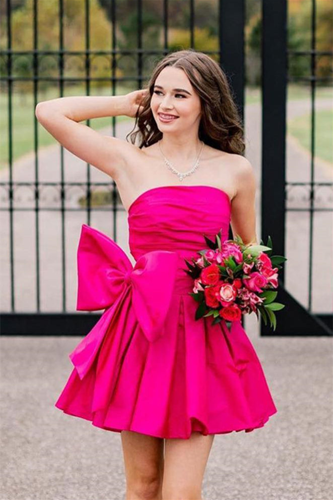 Strapless Black Ruched Short Dress with Bow