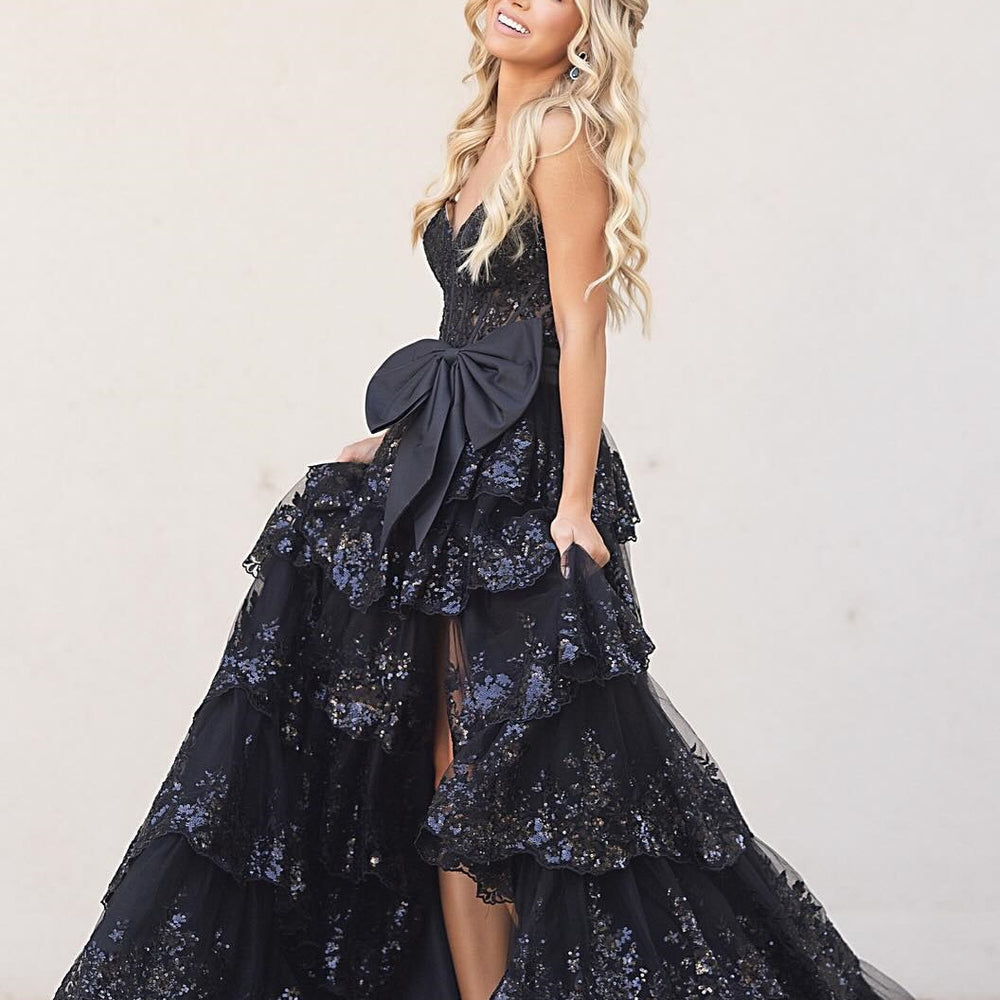 
                      
                        Strapless Blue Appliques Tiered Long Dress with Bow
                      
                    