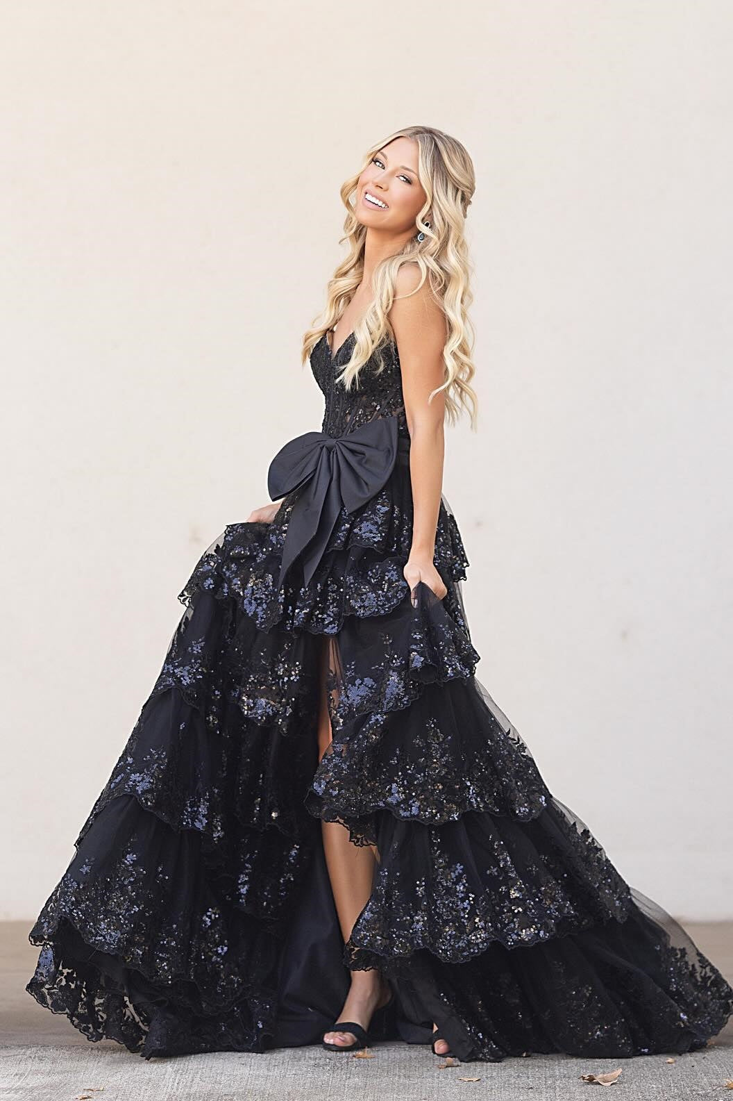 Strapless Blue Appliques Tiered Long Dress with Bow