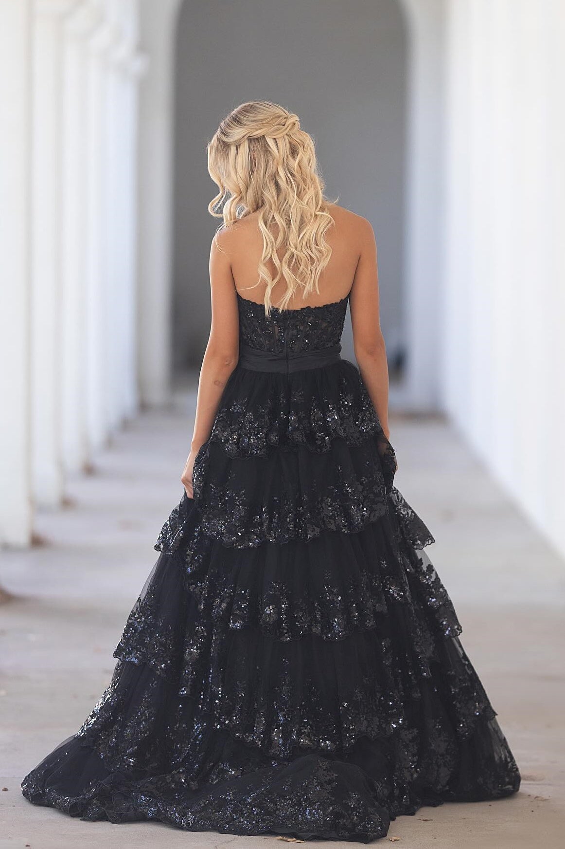 Strapless Blue Appliques Tiered Long Dress with Bow