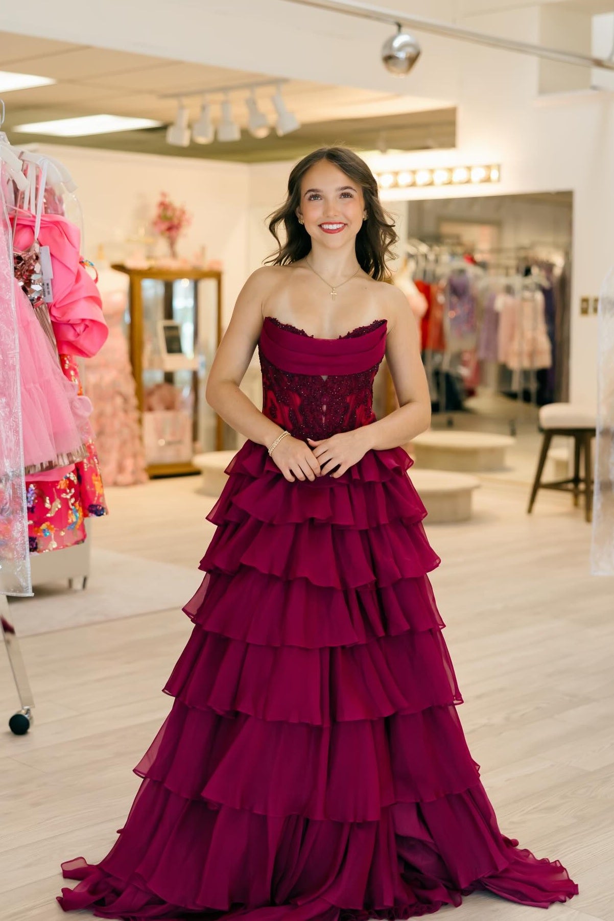 Strapless Blue Appliques Tiered Long Dress with Slit