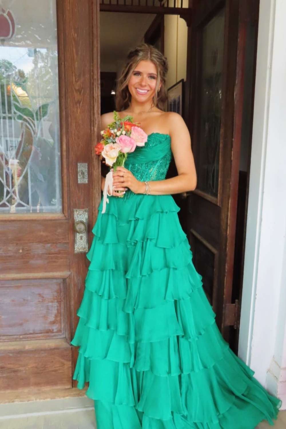 Strapless Blue Appliques Tiered Long Dress with Slit