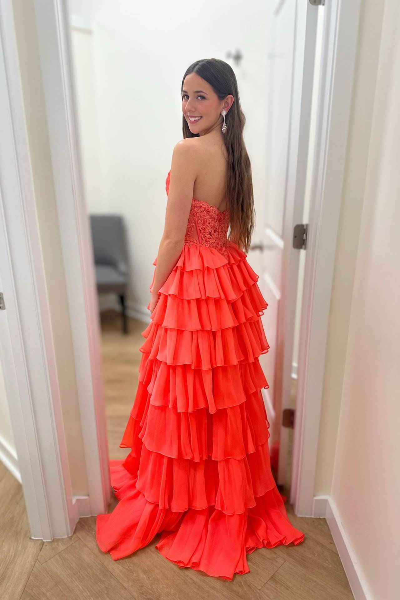 Strapless Blue Appliques Tiered Long Dress with Slit