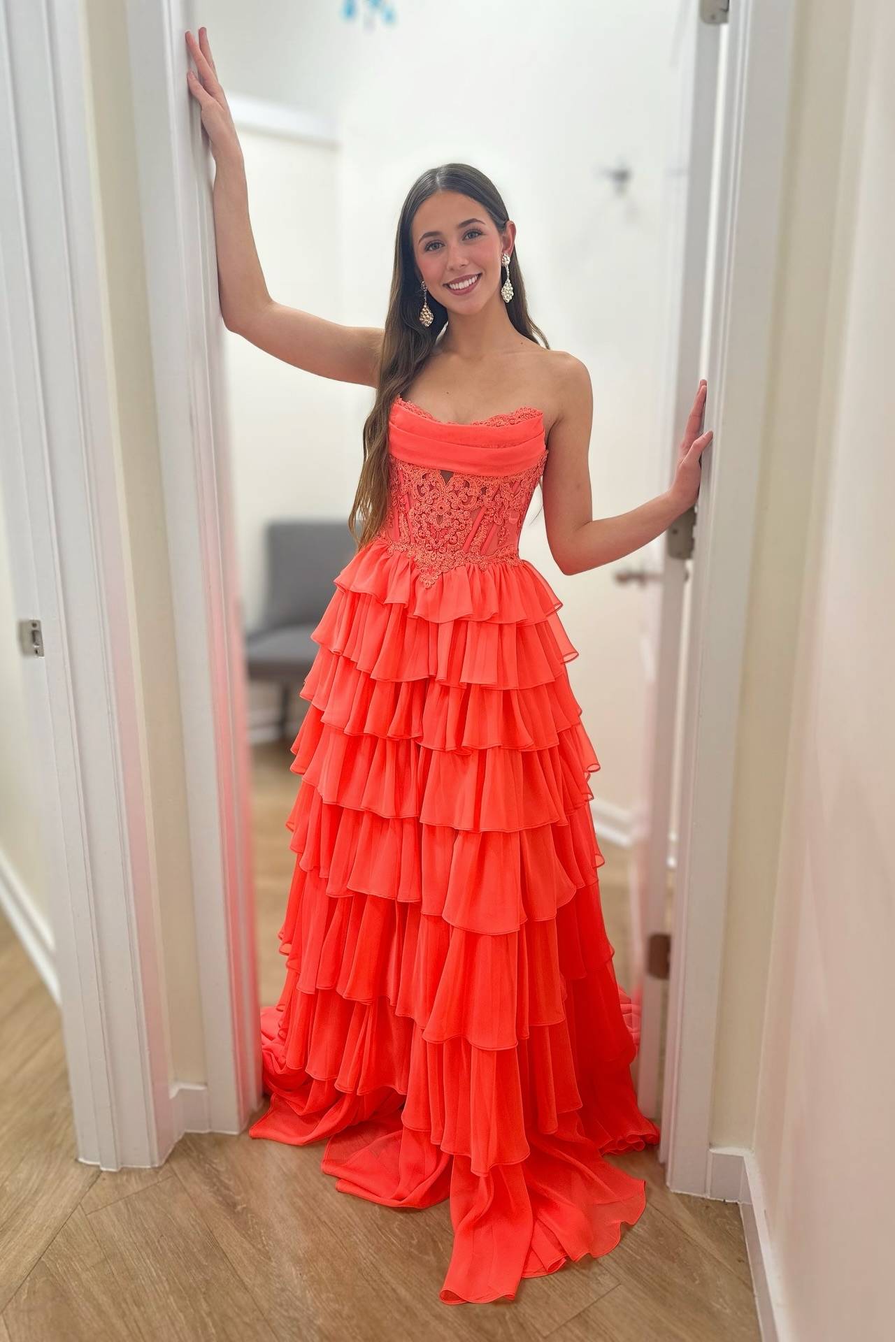 Strapless Blue Appliques Tiered Long Dress with Slit