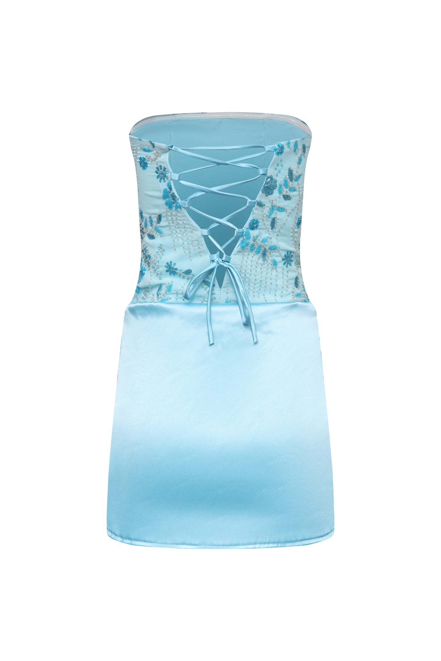 Strapless Blue Floral Beaded Ruched Mini Dress