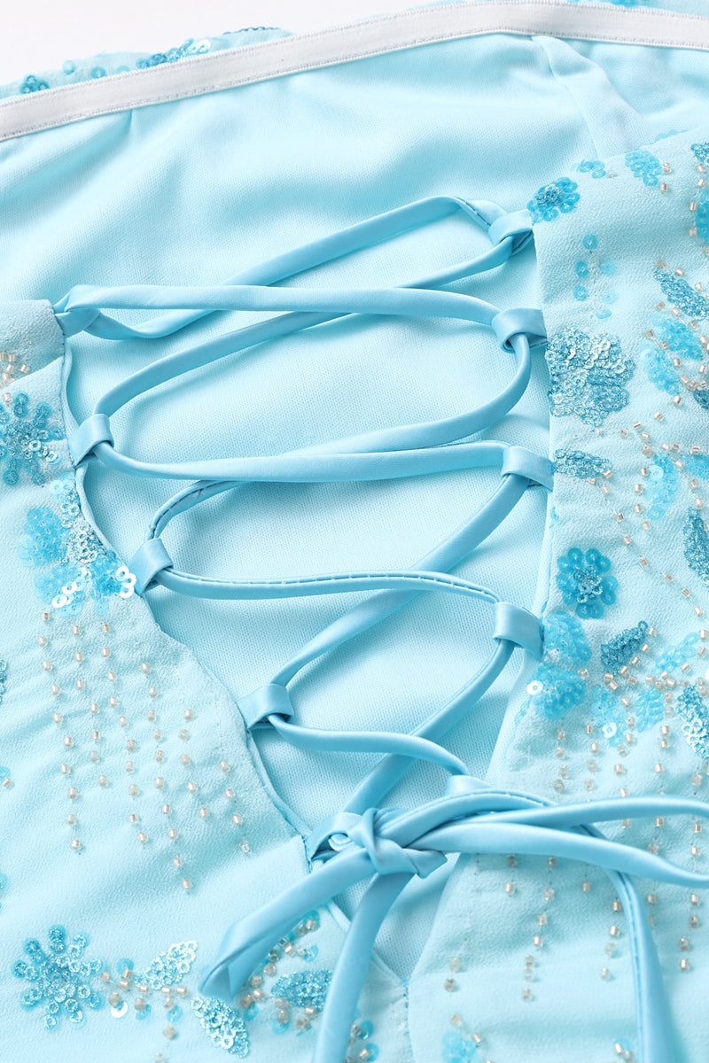 Strapless Blue Floral Beaded Ruched Mini Dress