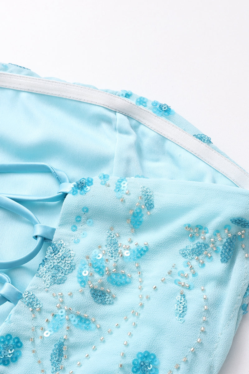 Strapless Blue Floral Beaded Ruched Mini Dress