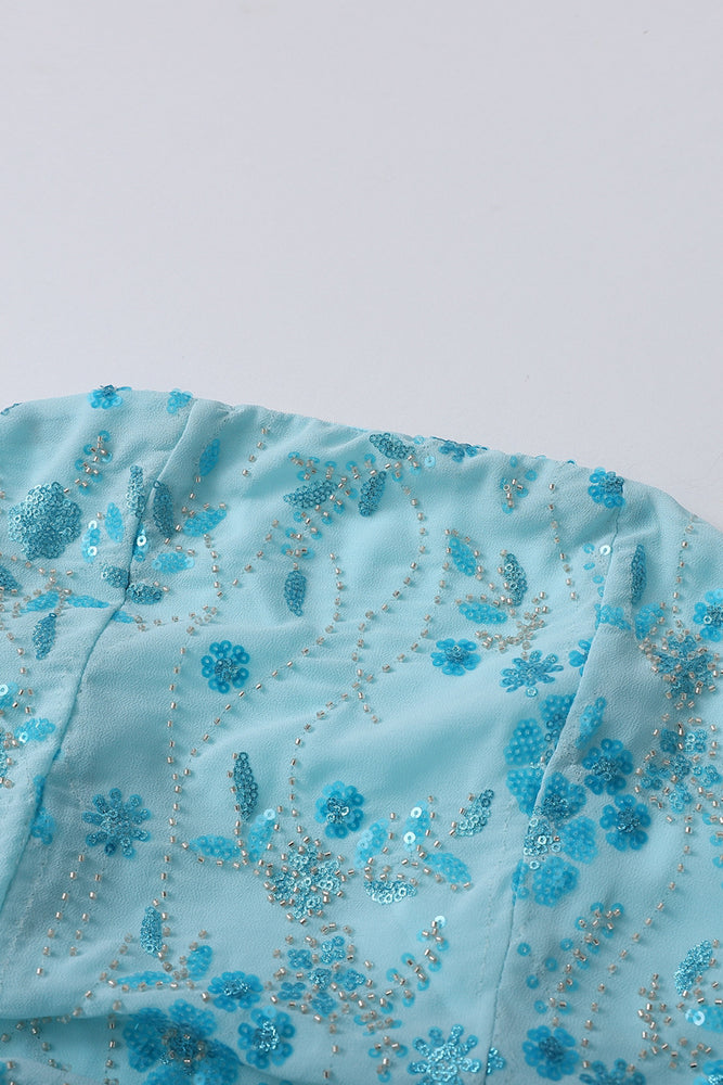 
                      
                        Strapless Blue Floral Beaded Ruched Mini Dress
                      
                    