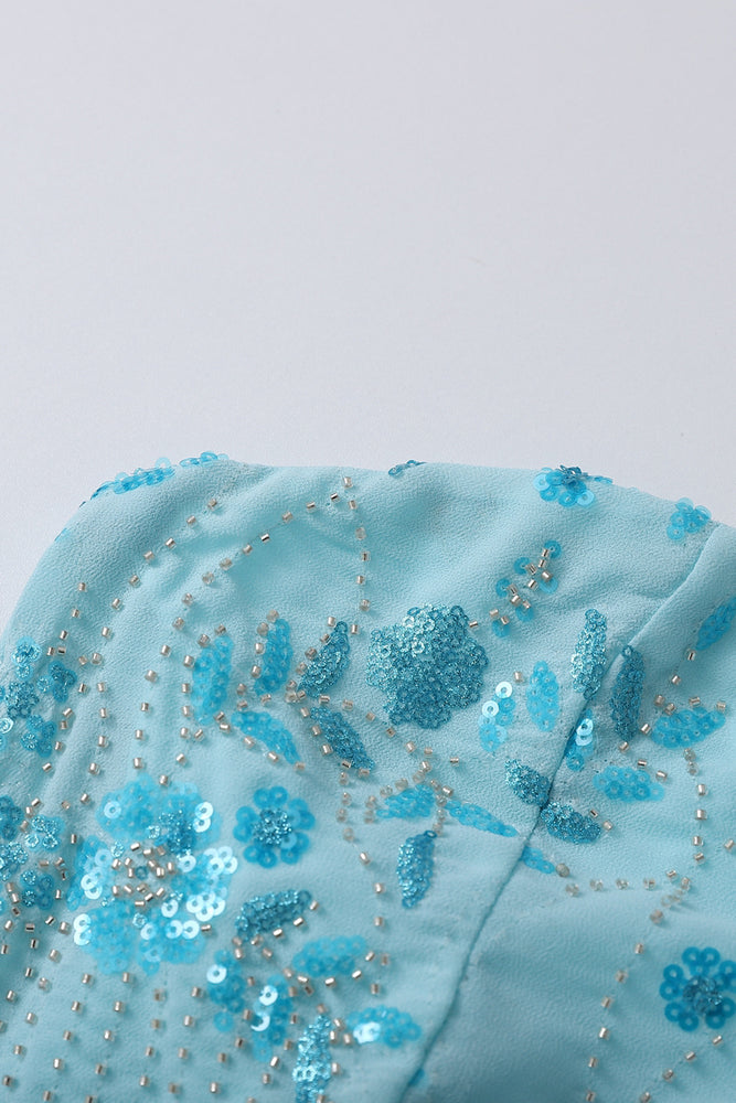 
                      
                        Strapless Blue Floral Beaded Ruched Mini Dress
                      
                    