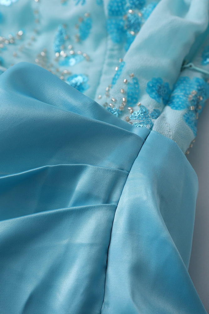 
                      
                        Strapless Blue Floral Beaded Ruched Mini Dress
                      
                    