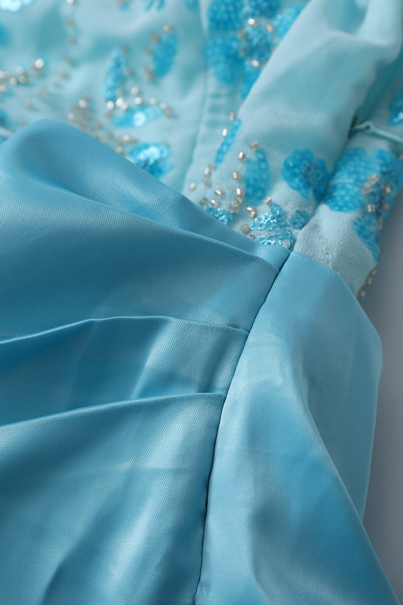 Strapless Blue Floral Beaded Ruched Mini Dress