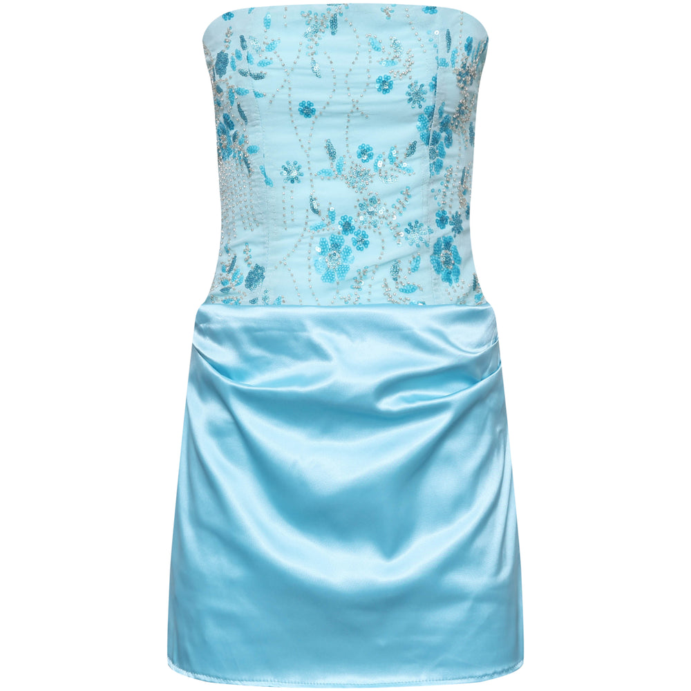 
                      
                        Strapless Blue Floral Beaded Ruched Mini Dress
                      
                    