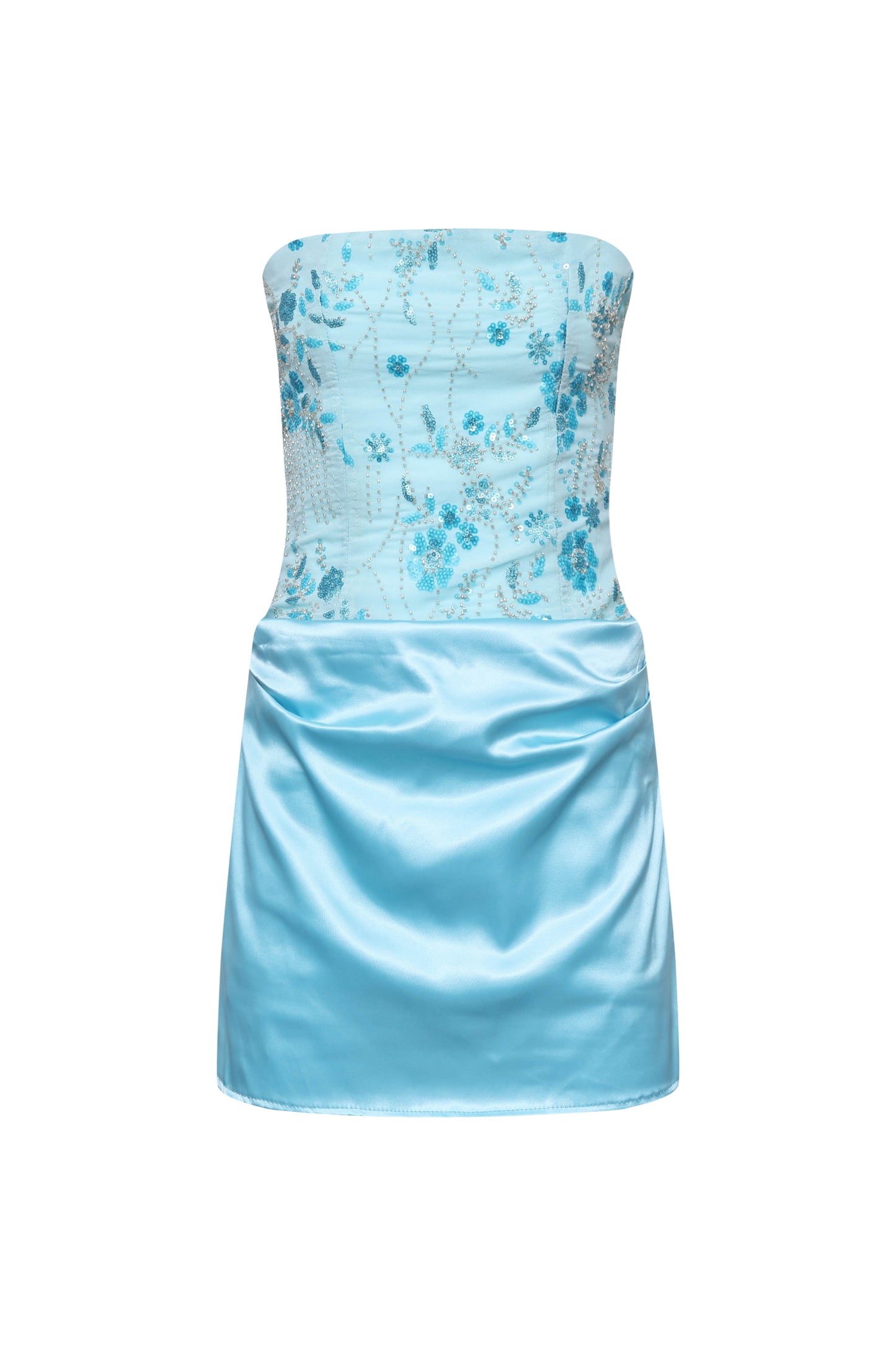 Strapless Blue Floral Beaded Ruched Mini Dress