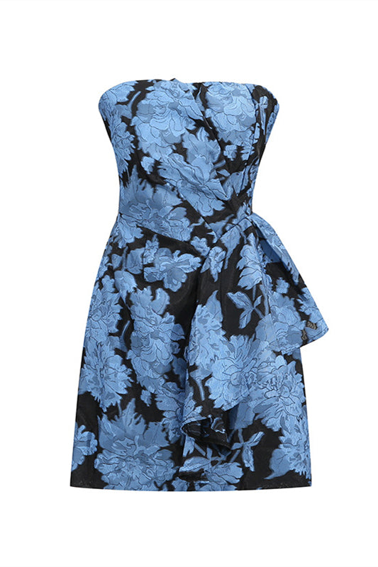 Strapless Blue Floral Print Short Dress