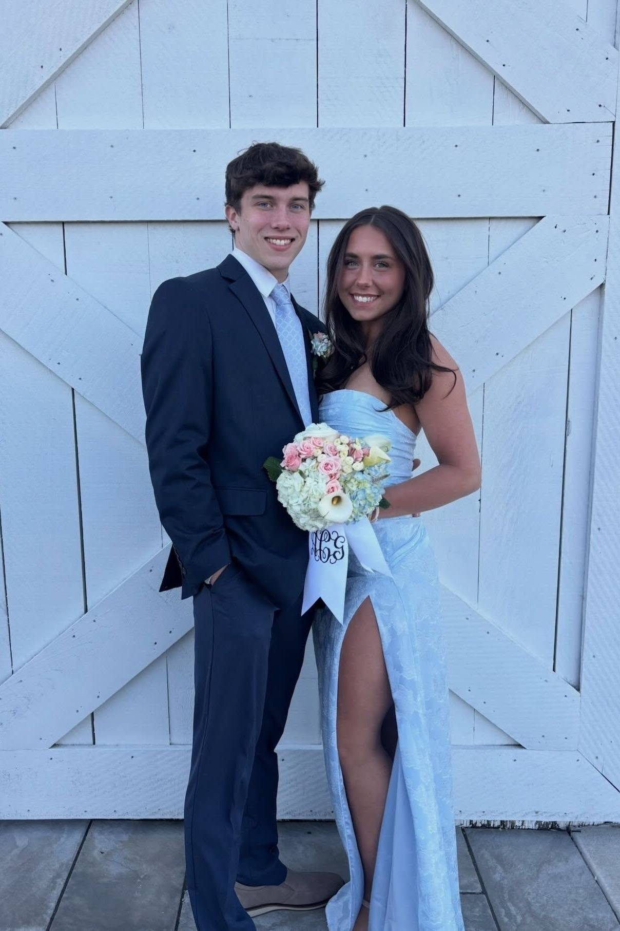 Strapless Blue Jacquard Long Dress with Slit