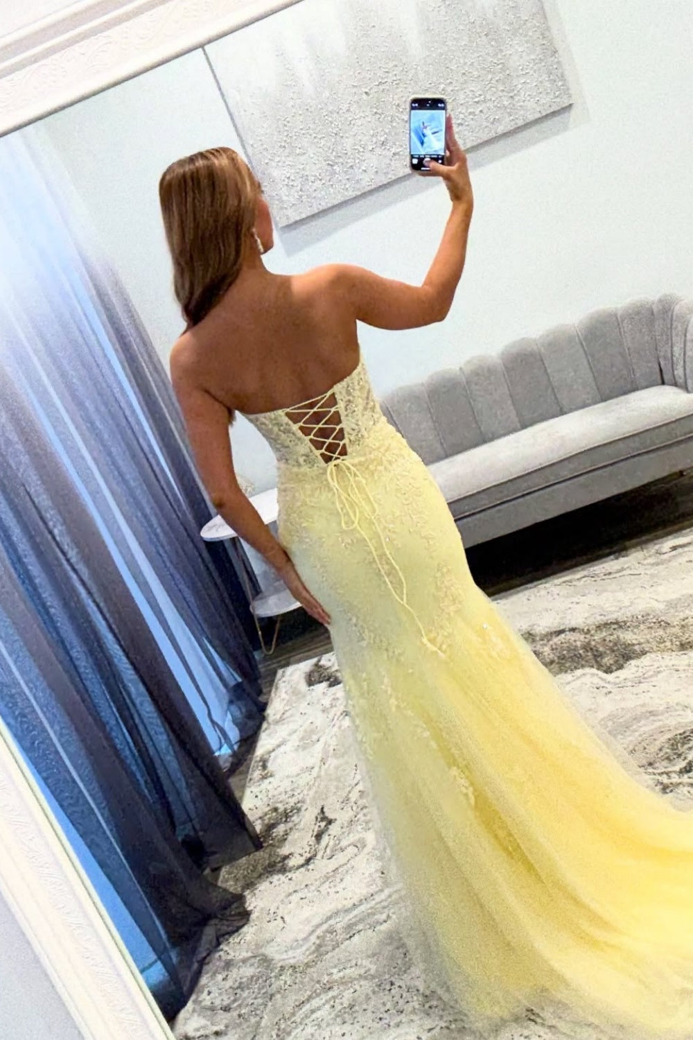 Strapless Blue Lace Appliques Long Dress with Slit