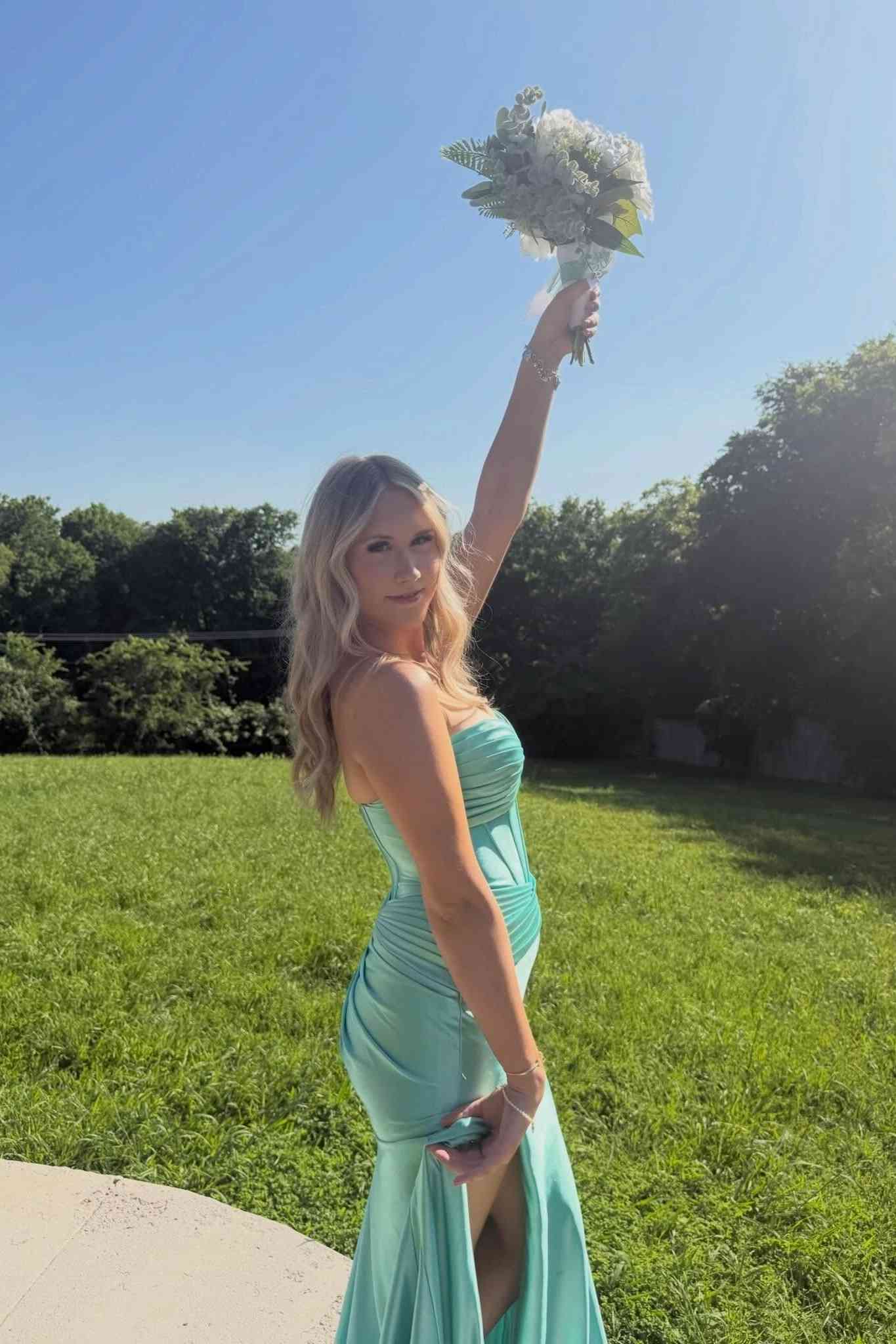 Strapless Blue Mermaid Long Dress with Slit