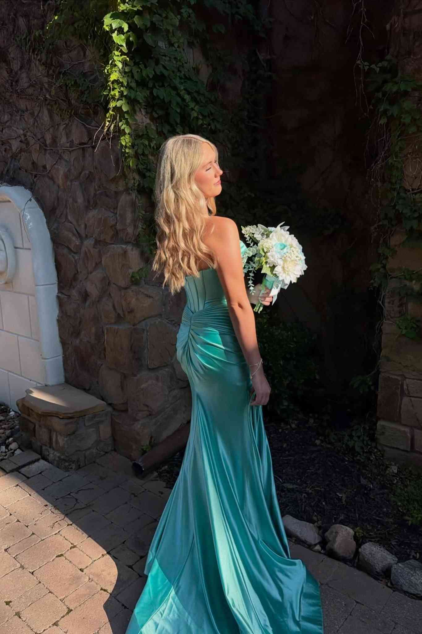 Strapless Blue Mermaid Long Dress with Slit