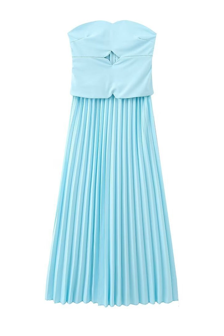 Strapless Blue Pleated A-line Long Dress