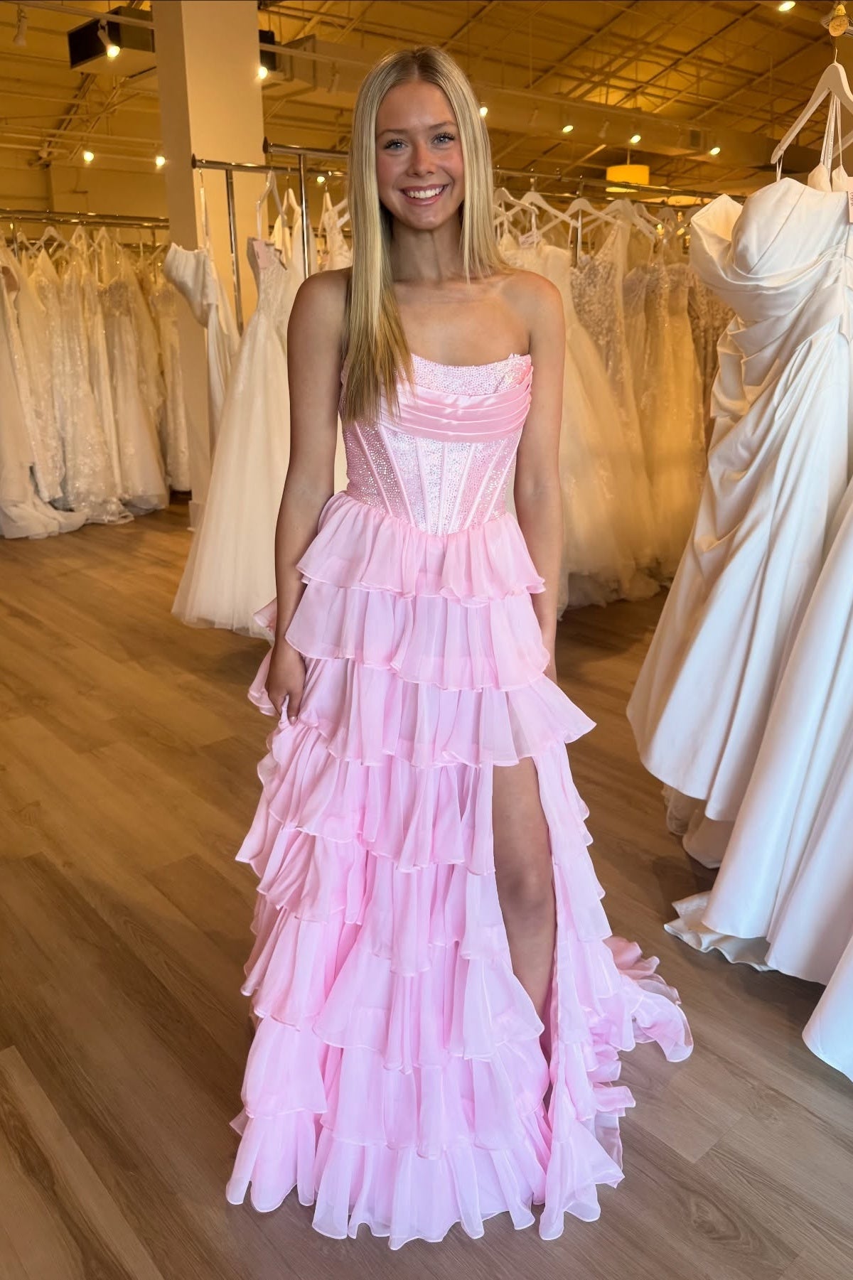 Strapless Blue Rhinestone Corset Tiered Long Dress