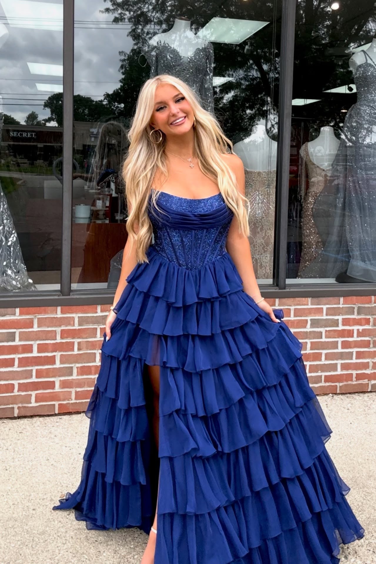 Strapless Blue Rhinestone Corset Tiered Long Dress