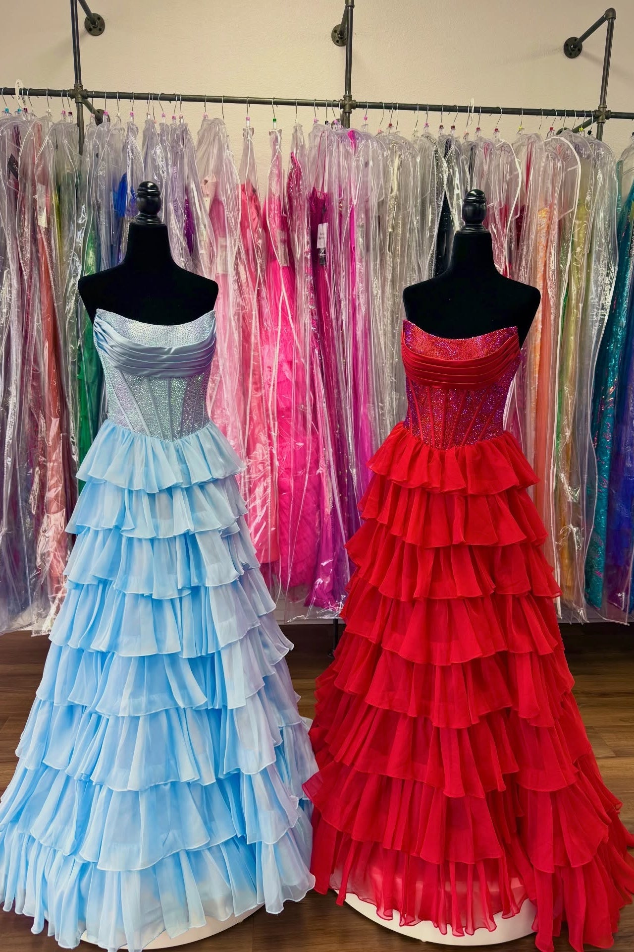 Strapless Blue Rhinestone Corset Tiered Long Dress