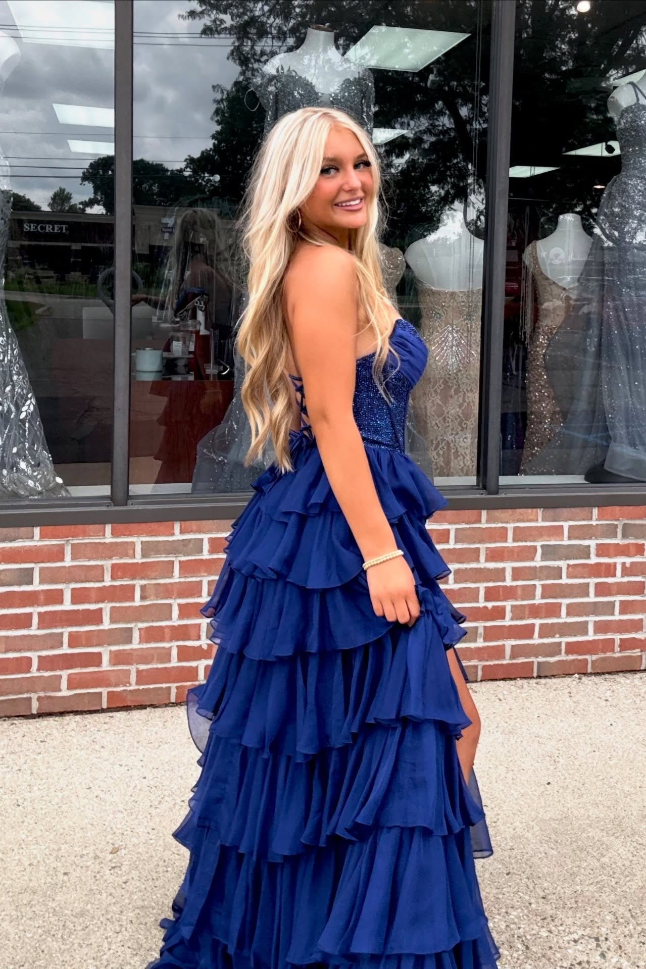 Strapless Blue Rhinestone Corset Tiered Long Dress