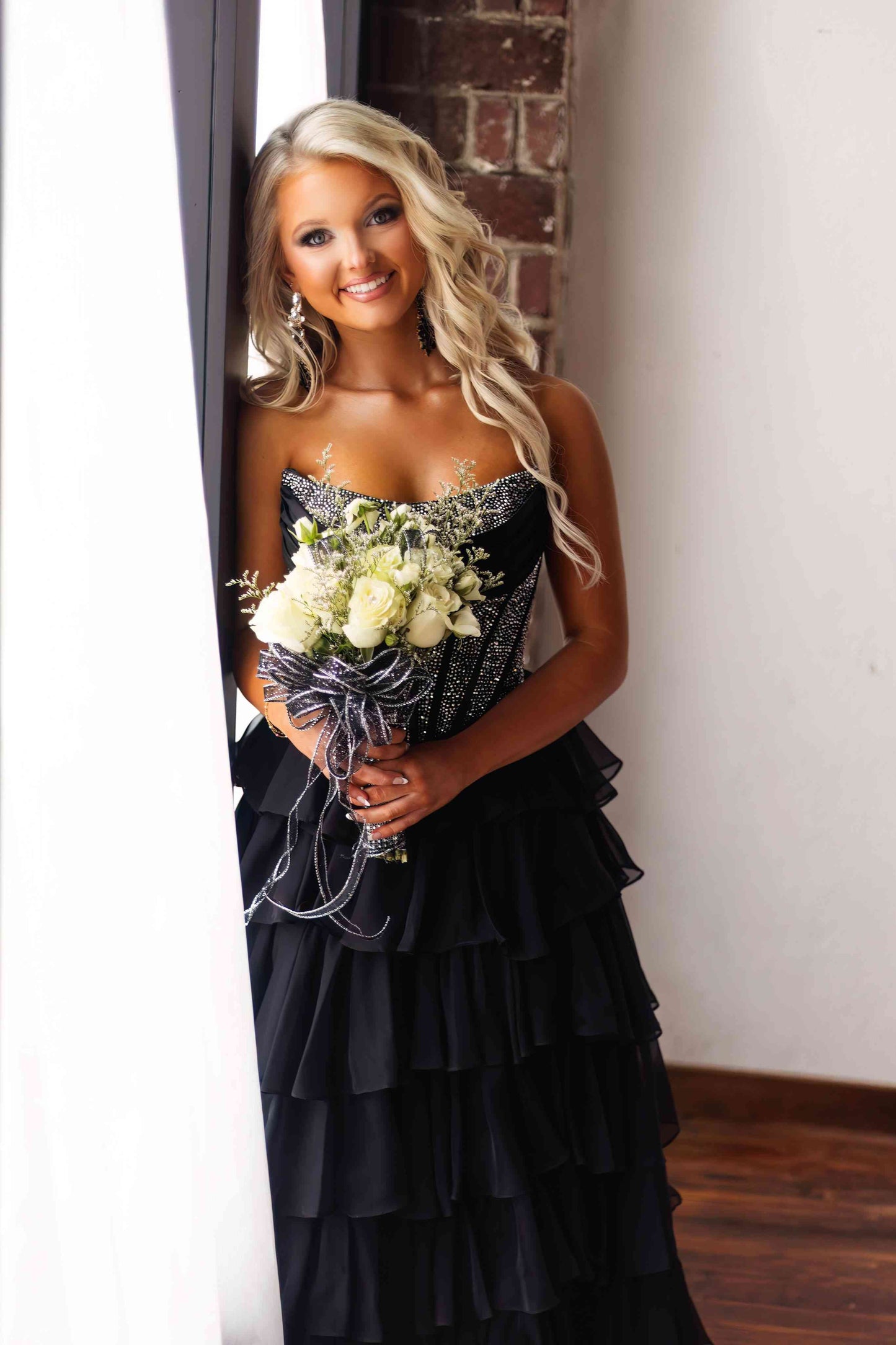Strapless Blue Rhinestone Corset Tiered Long Dress