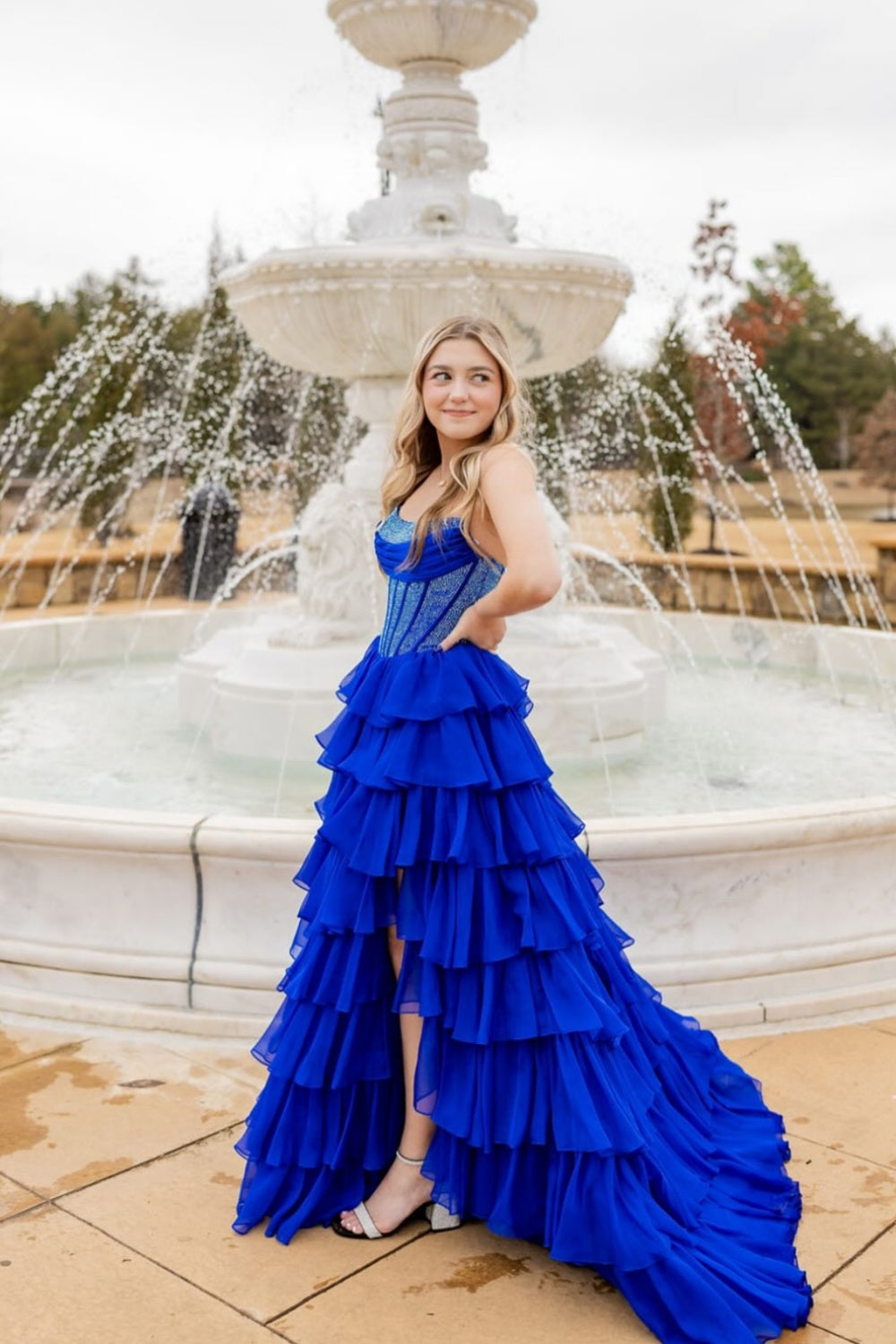 Strapless Blue Rhinestone Corset Tiered Long Dress
