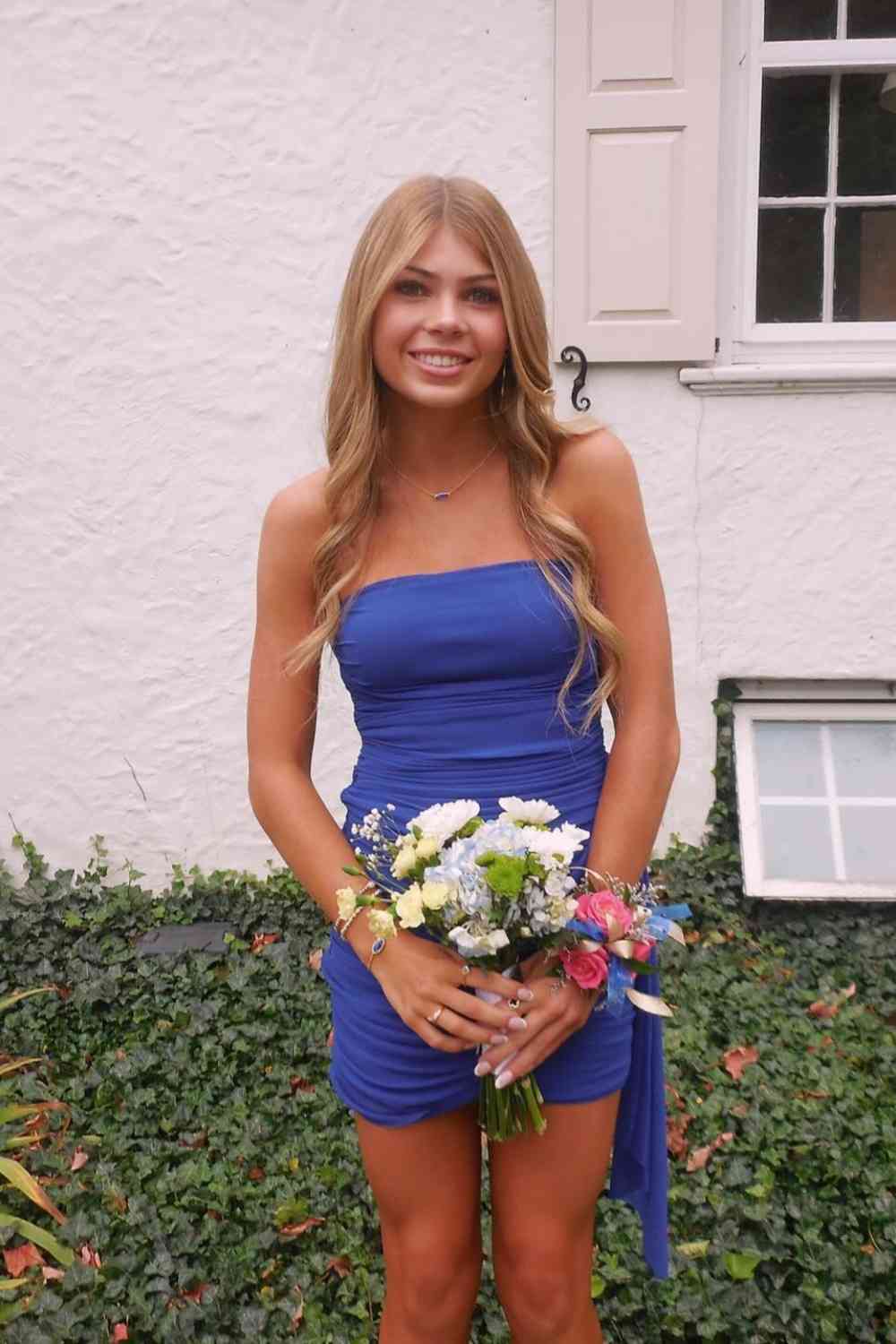 Strapless Blue Ruched Sheath Short Dress