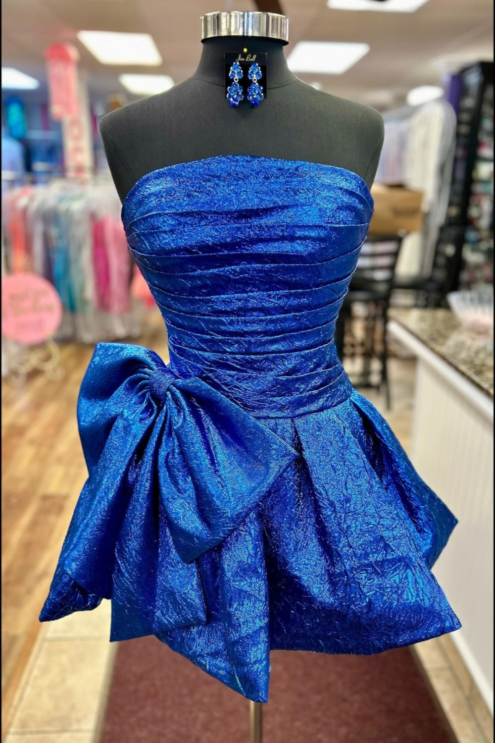 Strapless Royal Blue Ruched Short Dress with Bow