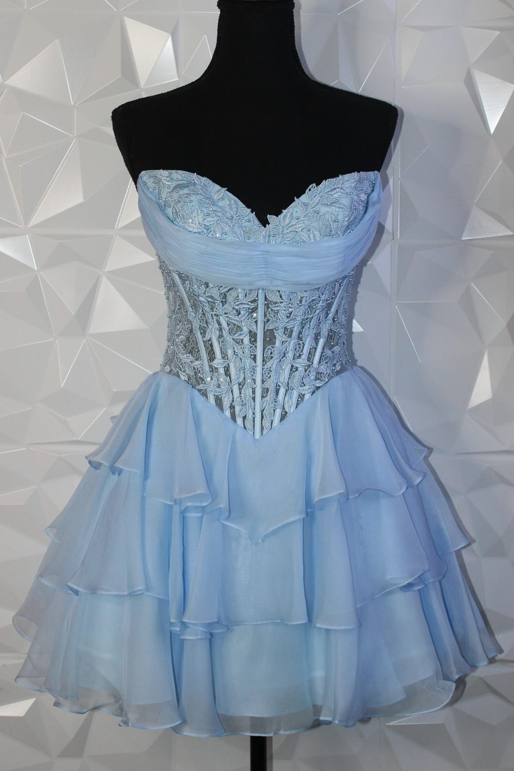 Strapless Blue See Through Appliques Ruffled Short Dress