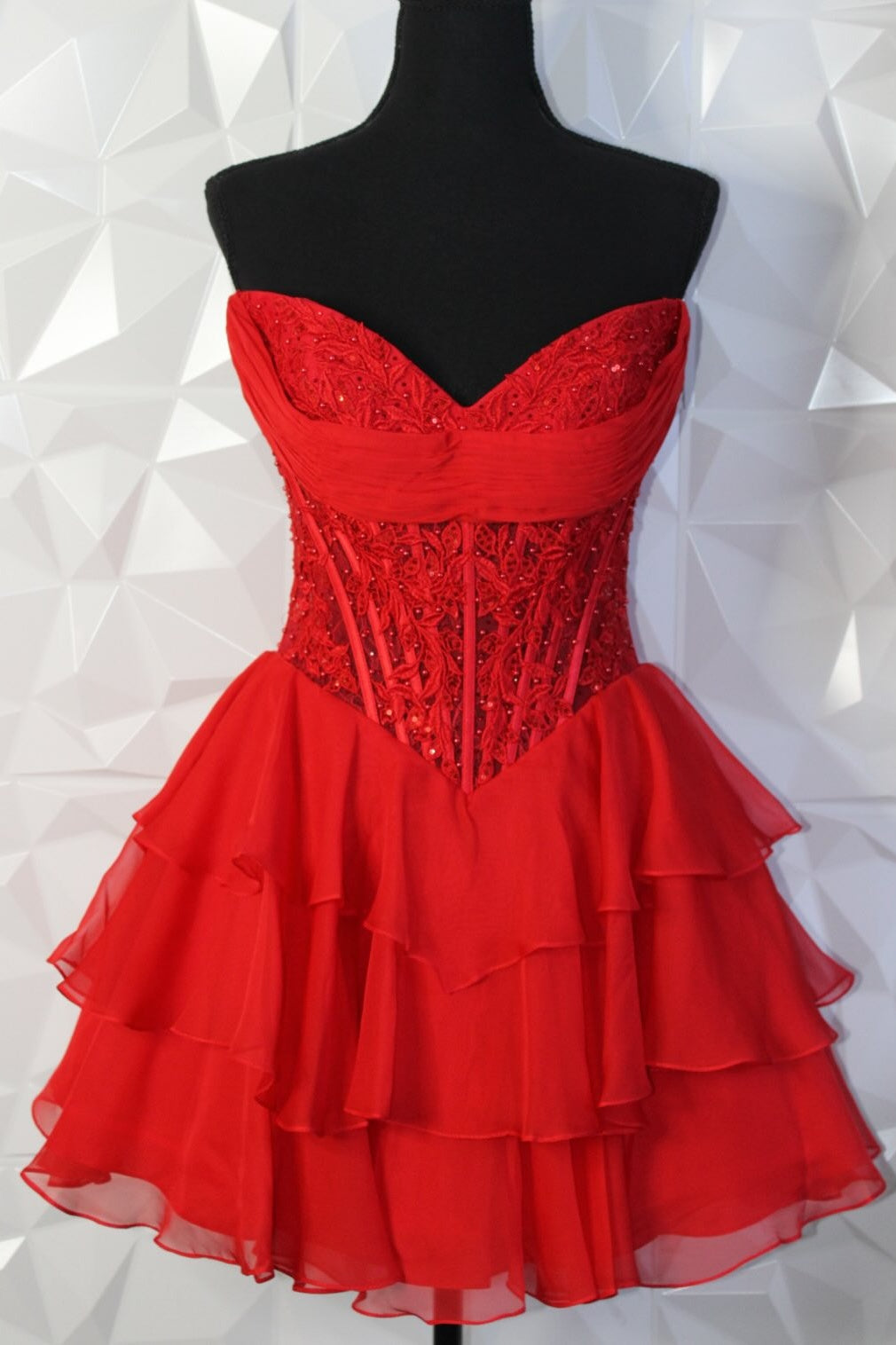 Strapless Blue See Through Appliques Ruffled Short Dress