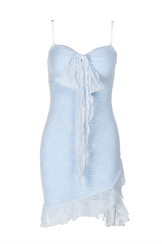 Strapless Blue Tie Front Ruffled Short Dress