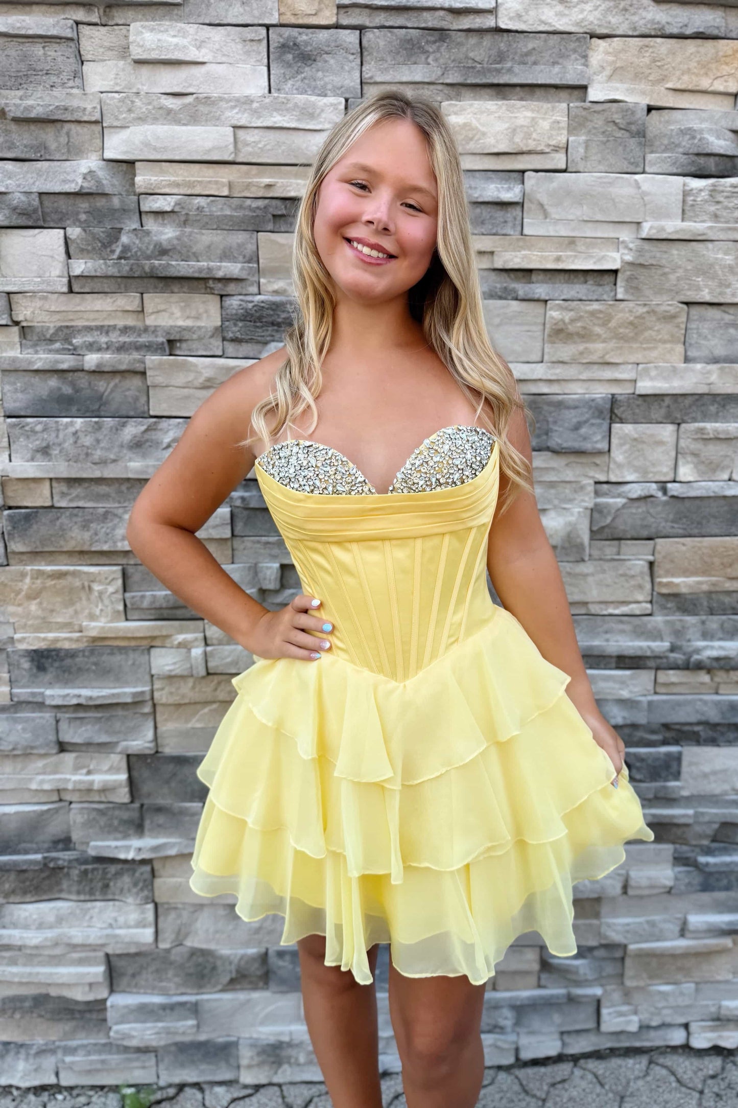 Strapless Blue Tiered Short Dress with Rhinestone