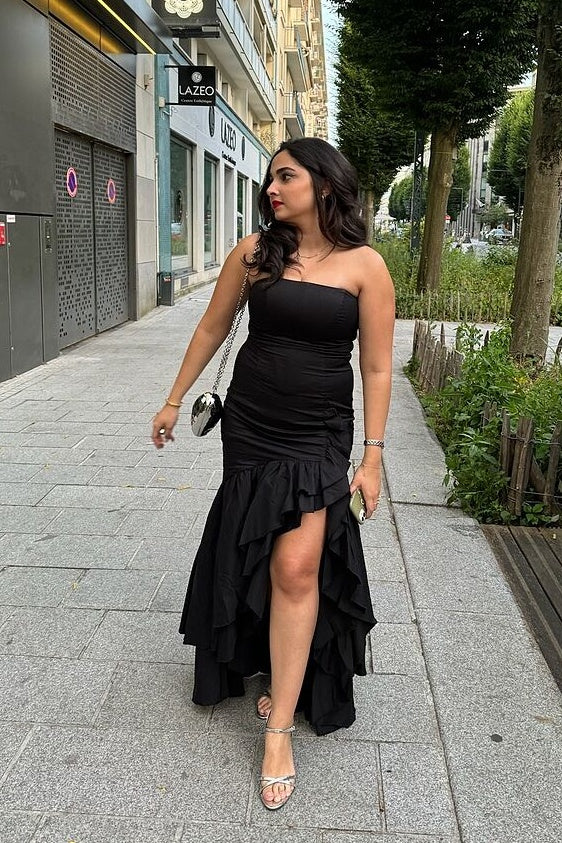 Strapless Burgundy Ruffle Tiered Long Dress with Slit