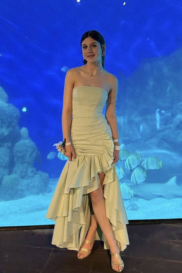 Strapless Burgundy Ruffle Tiered Long Dress with Slit