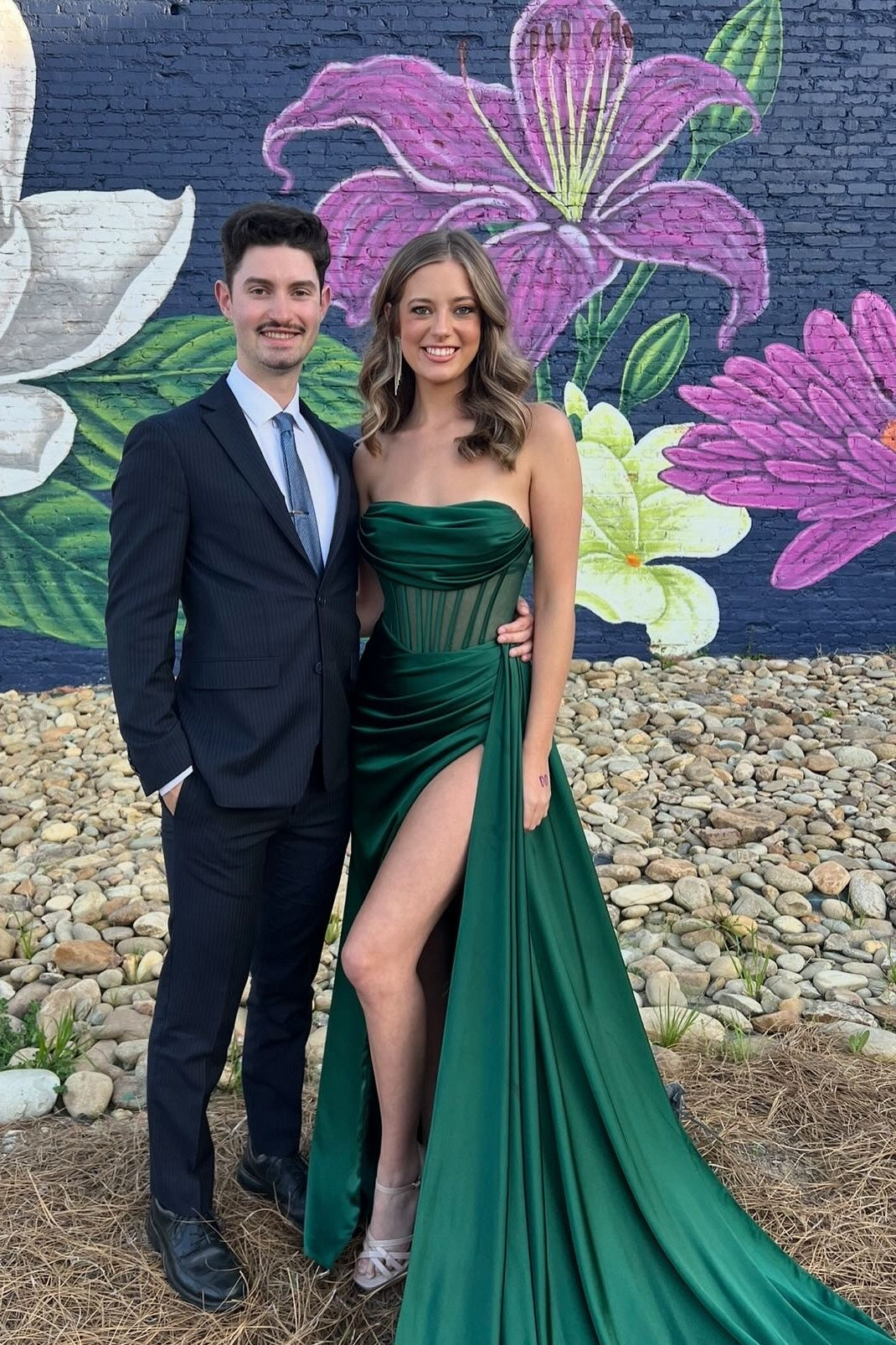 Strapless Champagne Pleated Long Dress with Side Train