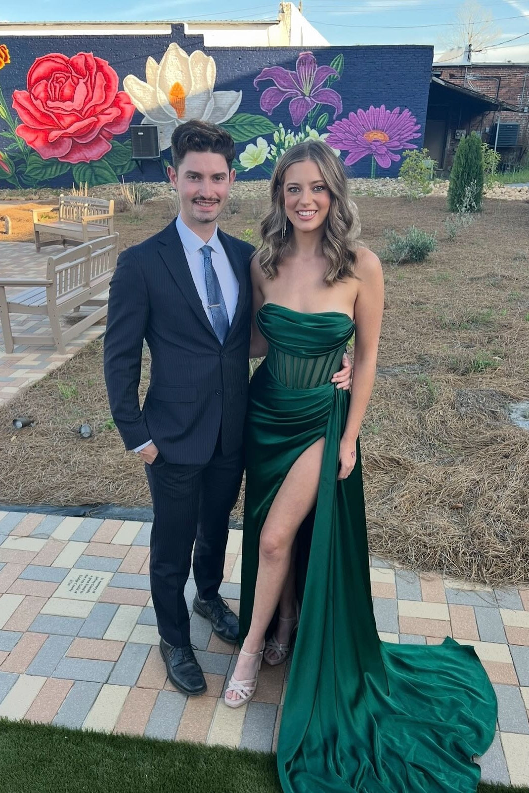 Strapless Champagne Pleated Long Dress with Side Train