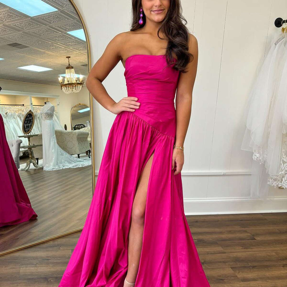 
                      
                        Strapless Emerald Ruched A-line Long Dress with Slit
                      
                    