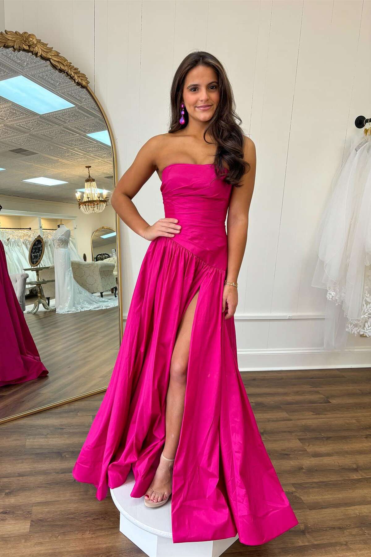 Strapless Emerald Ruched A-line Long Dress with Slit